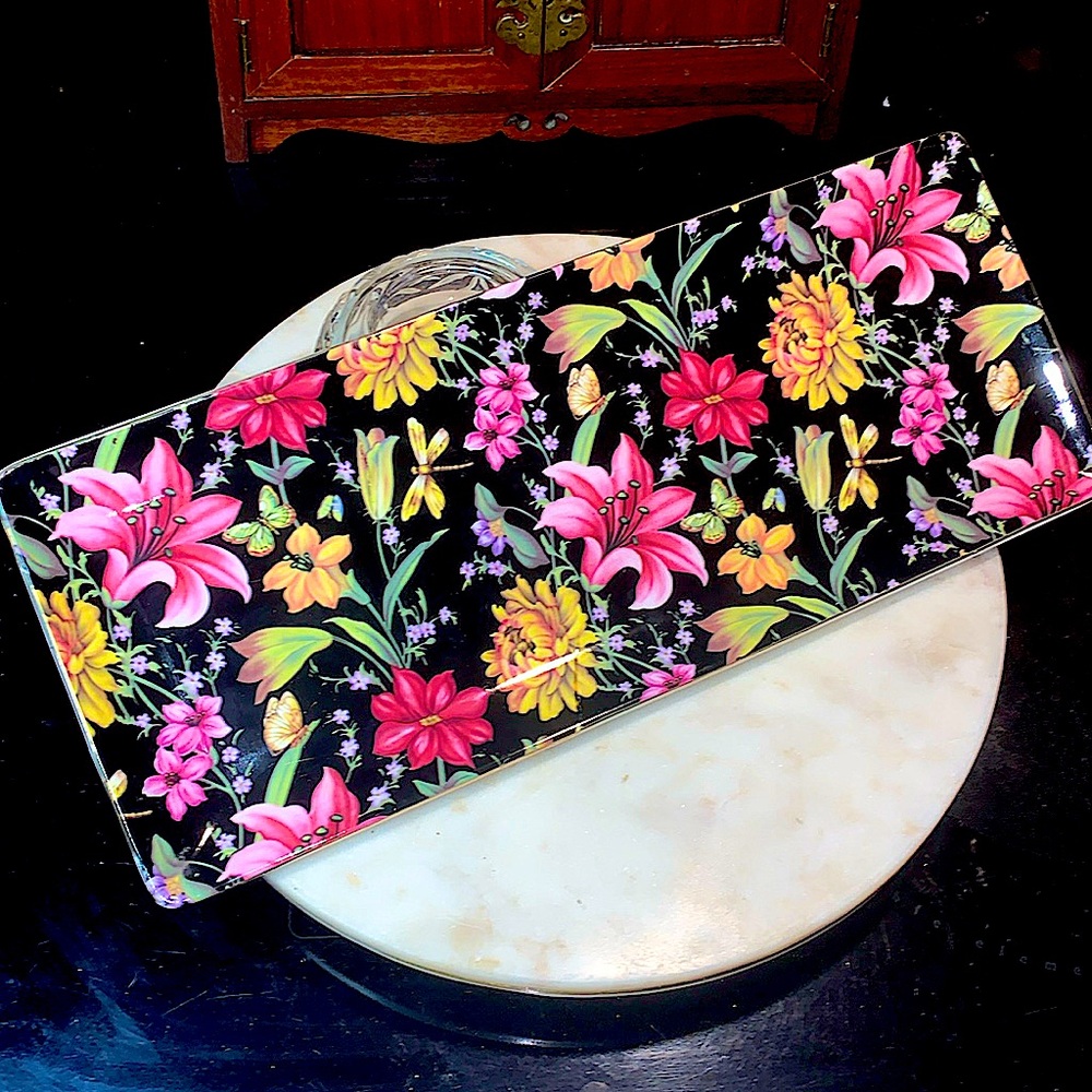 GRACES TEAWARE SERVING TRAY BLACK PINK GOLD FLORAL 14 INCH NEW